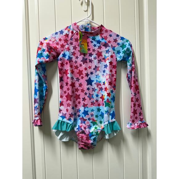 Girls One Piece Swimsuit Long Sleeve UPF 50+ Sun Ruffle Zipper Size Medium - Picture 2 of 5